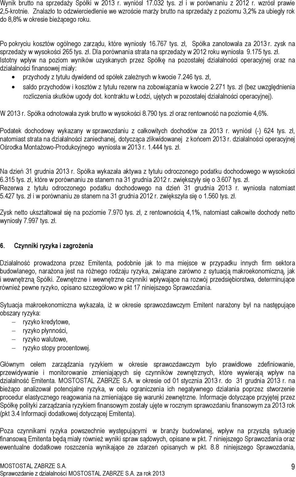 zł, Spółka zanotowała za 2013 r. zysk na sprzedaży w wysokości 265 tys. zł.