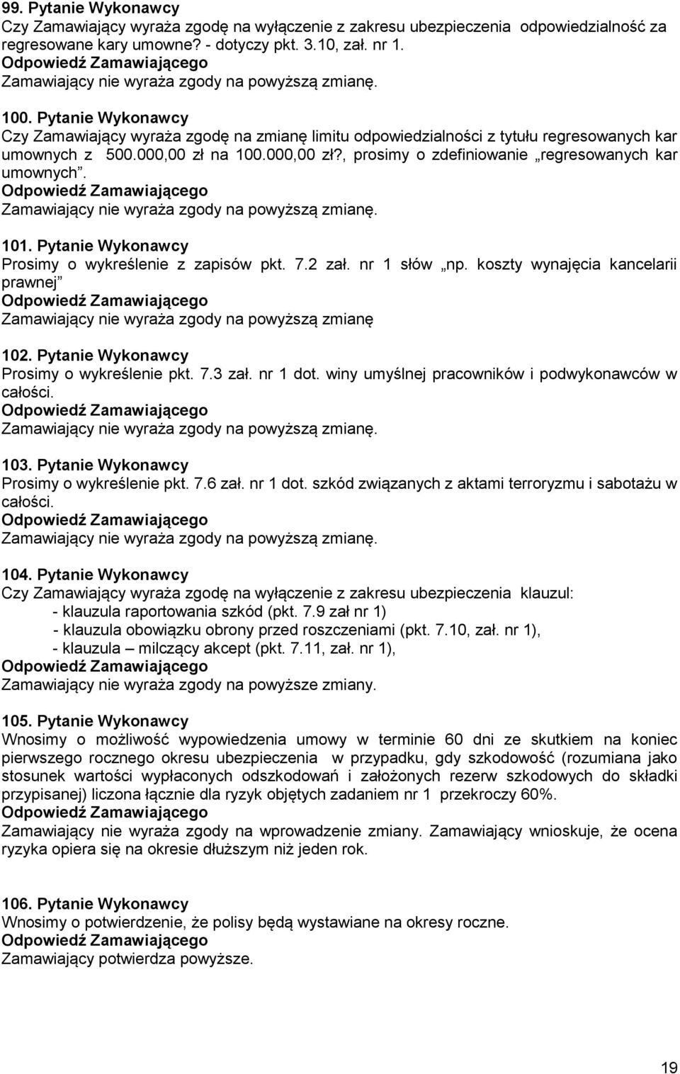 101. Pytanie Wykonawcy Prosimy o wykreślenie z zapisów pkt. 7.2 zał. nr 1 słów np. koszty wynajęcia kancelarii prawnej Zamawiający nie wyraża zgody na powyższą zmianę 102.