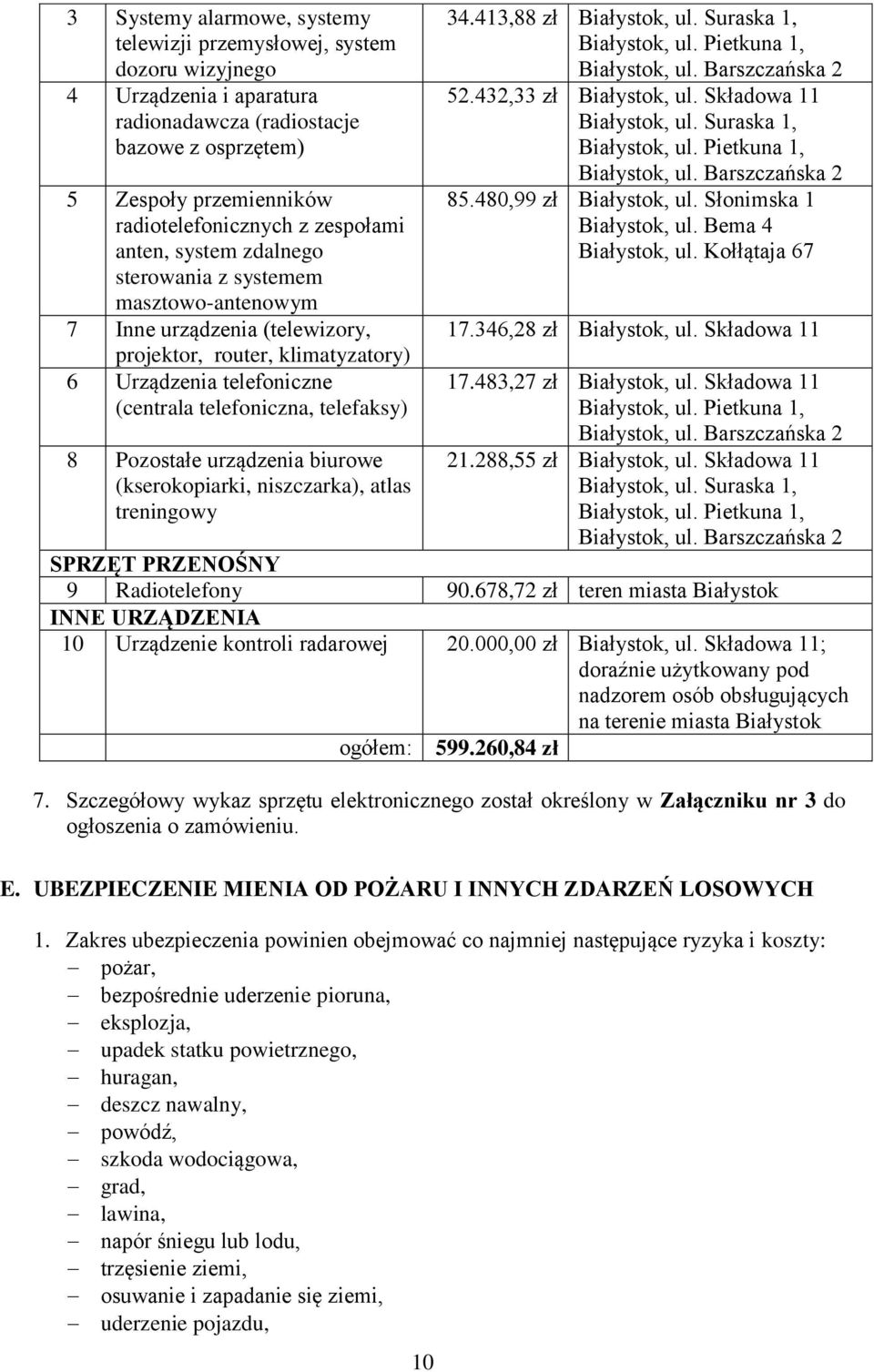 8 Pozostałe urządzenia biurowe (kserokopiarki, niszczarka), atlas treningowy 34.413,88 zł Białystok, ul. Suraska 1, Białystok, ul. Pietkuna 1, Białystok, ul. Barszczańska 2 52.432,33 zł Białystok, ul.