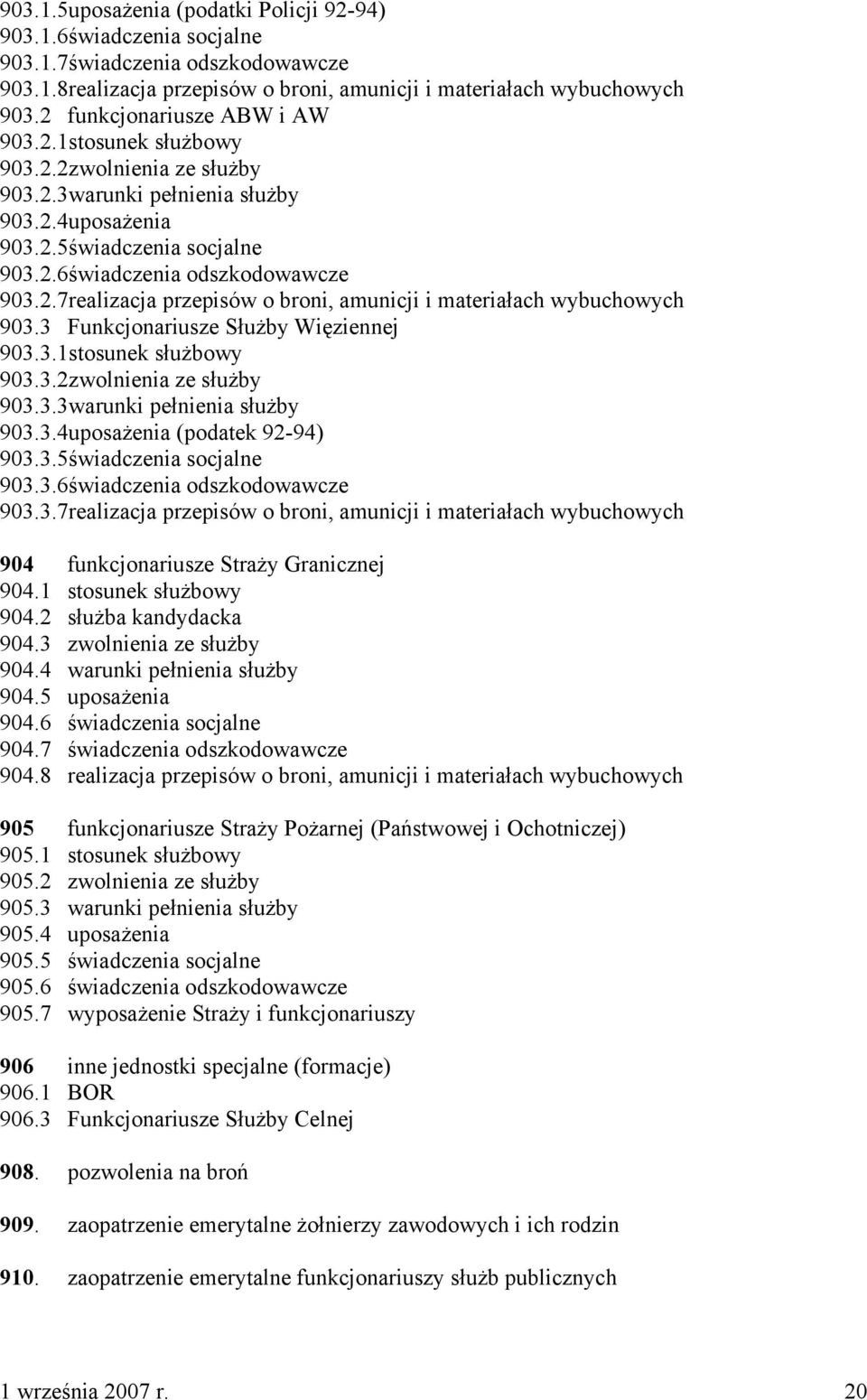 3 Funkcjonariusze Służby Więziennej 903.3.1stosunek służbowy 903.3.2zwolnienia ze służby 903.3.3warunki pełnienia służby 903.3.4uposażenia (podatek 92-94) 903.3.5świadczenia socjalne 903.3.6świadczenia odszkodowawcze 903.