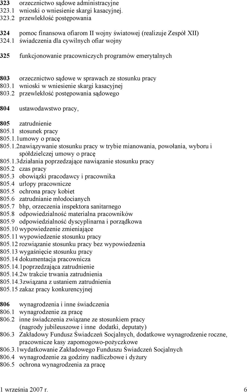 2 przewlekłość postępowania sądowego 804 ustawodawstwo pracy, 805 zatrudnienie 805.1 stosunek pracy 805.1.1umowy o pracę 805.1.2nawiązywanie stosunku pracy w trybie mianowania, powołania, wyboru i spółdzielczej umowy o pracę 805.