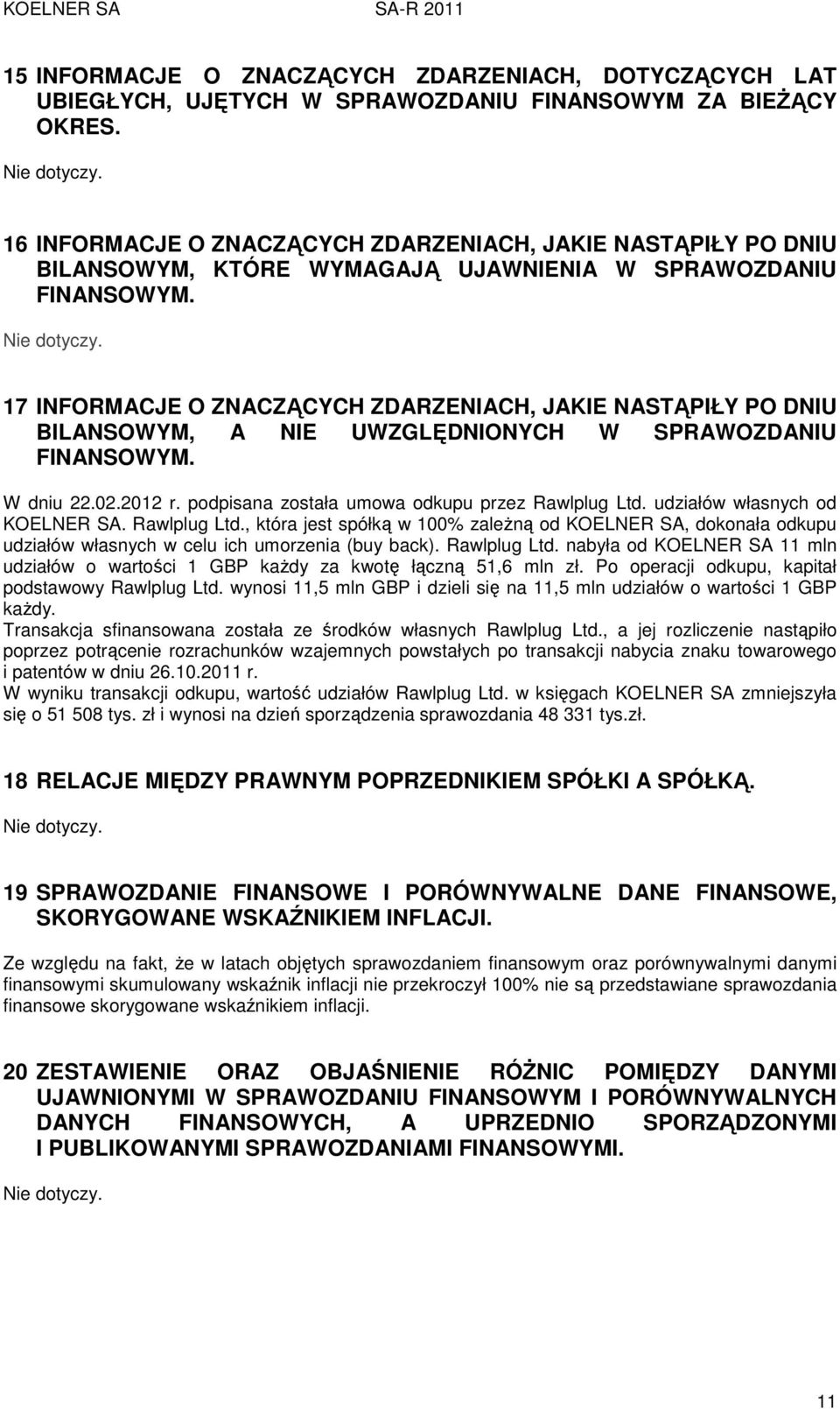 17 INFORMACJE O ZNACZĄCYCH ZDARZENIACH, JAKIE NASTĄPIŁY PO DNIU BILANSOWYM, A NIE UWZGLĘDNIONYCH W SPRAWOZDANIU FINANSOWYM. W dniu 22.02.2012 r. podpisana została umowa odkupu przez Rawlplug Ltd.