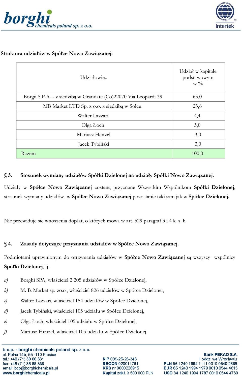 Udziały w Spółce Nowo Zawiązanej zostaną przyznane Wszystkim Wspólnikom Spółki Dzielonej, stosunek wymiany udziałów w Spółce Nowo Zawiązanej pozostanie taki sam jak w Spółce Dzielonej.