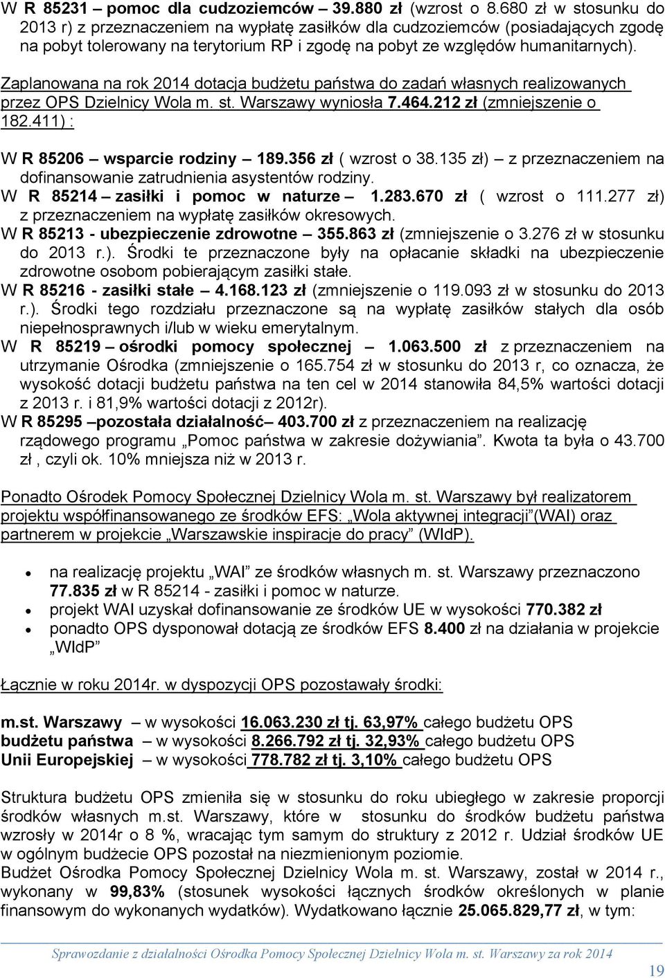 Zaplanowana na rok 2014 dotacja budżetu państwa do zadań własnych realizowanych przez OPS Dzielnicy Wola m. st. Warszawy wyniosła 7.464.212 zł (zmniejszenie o 182.