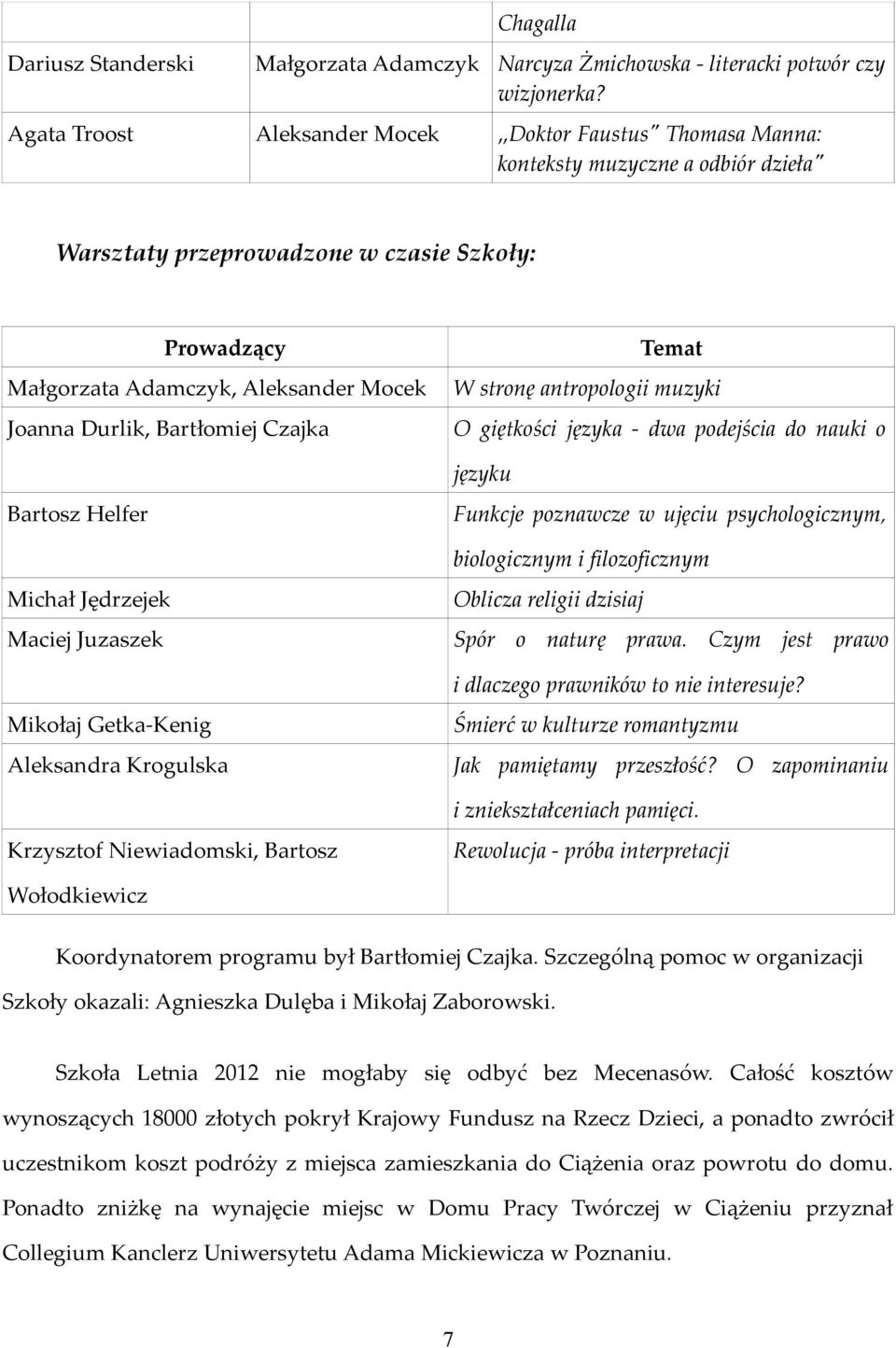 Durlik, Bartłomiej Czajka Temat W stronę antropologii muzyki O giętkości języka - dwa podejścia do nauki o języku Bartosz Helfer Michał Jędrzejek Maciej Juzaszek Mikołaj Getka-Kenig Aleksandra