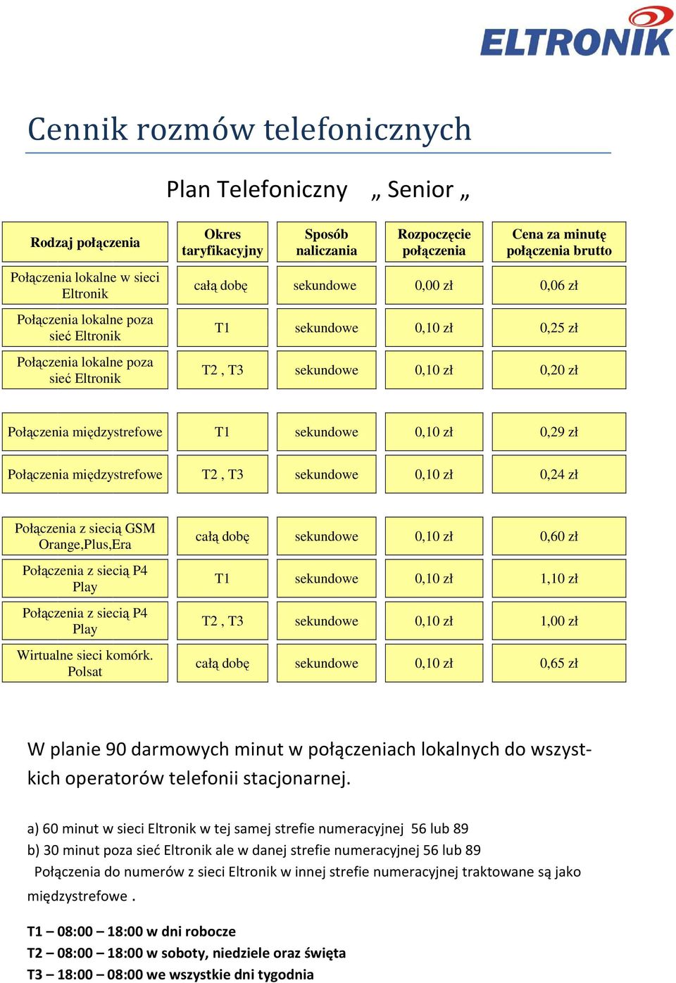 Polsat całą dobę sekundowe 0,10 zł 0,60 zł T1 sekundowe 0,10 zł 1,10 zł T2, T3 sekundowe 0,10 zł 1,00 zł całą dobę sekundowe 0,10 zł 0,65 zł W planie 90 darmowych minut w połączeniach lokalnych do