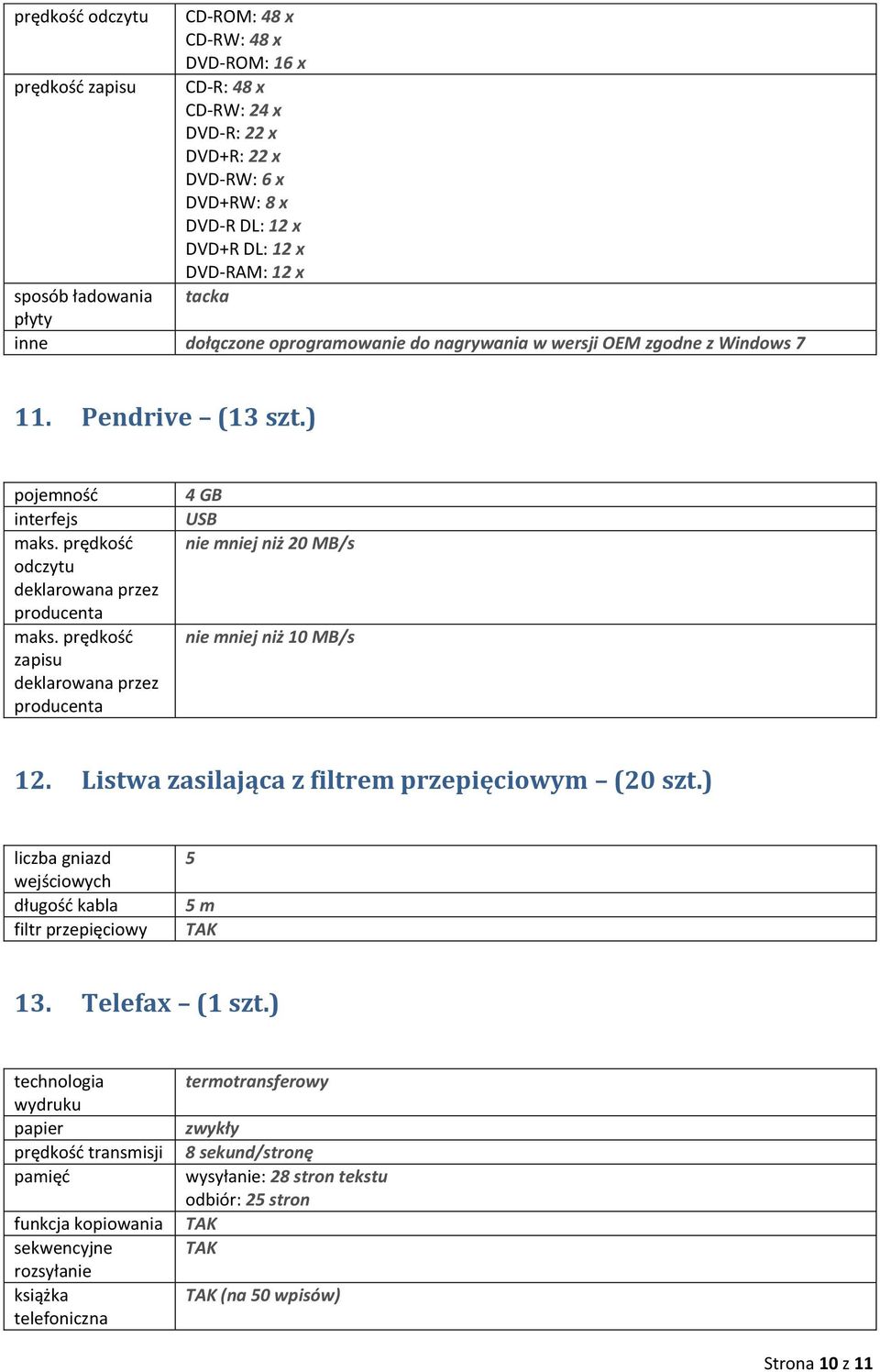 prędkość zapisu deklarowana przez producenta 4 GB USB nie mniej niż 20 MB/s nie mniej niż 10 MB/s 12. Listwa zasilająca z filtrem przepięciowym (20 szt.