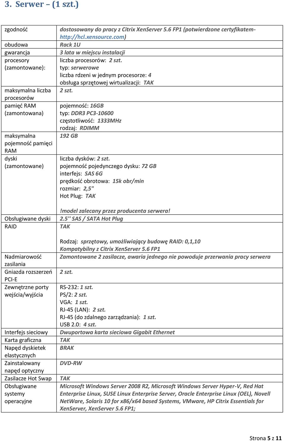 zasilania Gniazda rozszerzeń PCI-E Zewnętrzne porty wejścia/wyjścia Interfejs sieciowy Karta graficzna Napęd dyskietek elastycznych Zainstalowany napęd optyczny Zasilacze Hot Swap Obsługiwane systemy