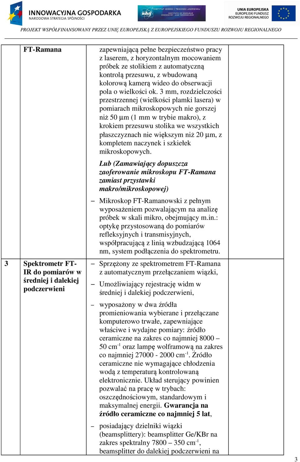 3 mm, rozdzielczości przestrzennej (wielkości plamki lasera) w pomiarach mikroskopowych nie gorszej niż 50 µm (1 mm w trybie makro), z krokiem przesuwu stolika we wszystkich płaszczyznach nie