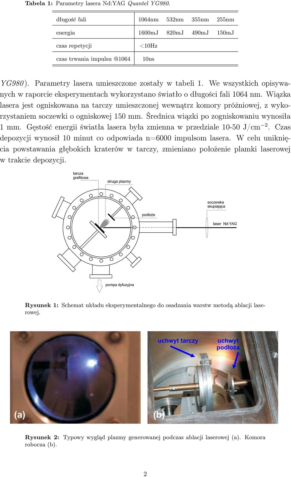 Wiązka lasera jest ogniskowana na tarczy umieszczonej wewnątrz komory próżniowej, z wykorzystaniem soczewki o ogniskowej 150 mm. Średnica wiązki po zogniskowaniu wynosiła 1 mm.