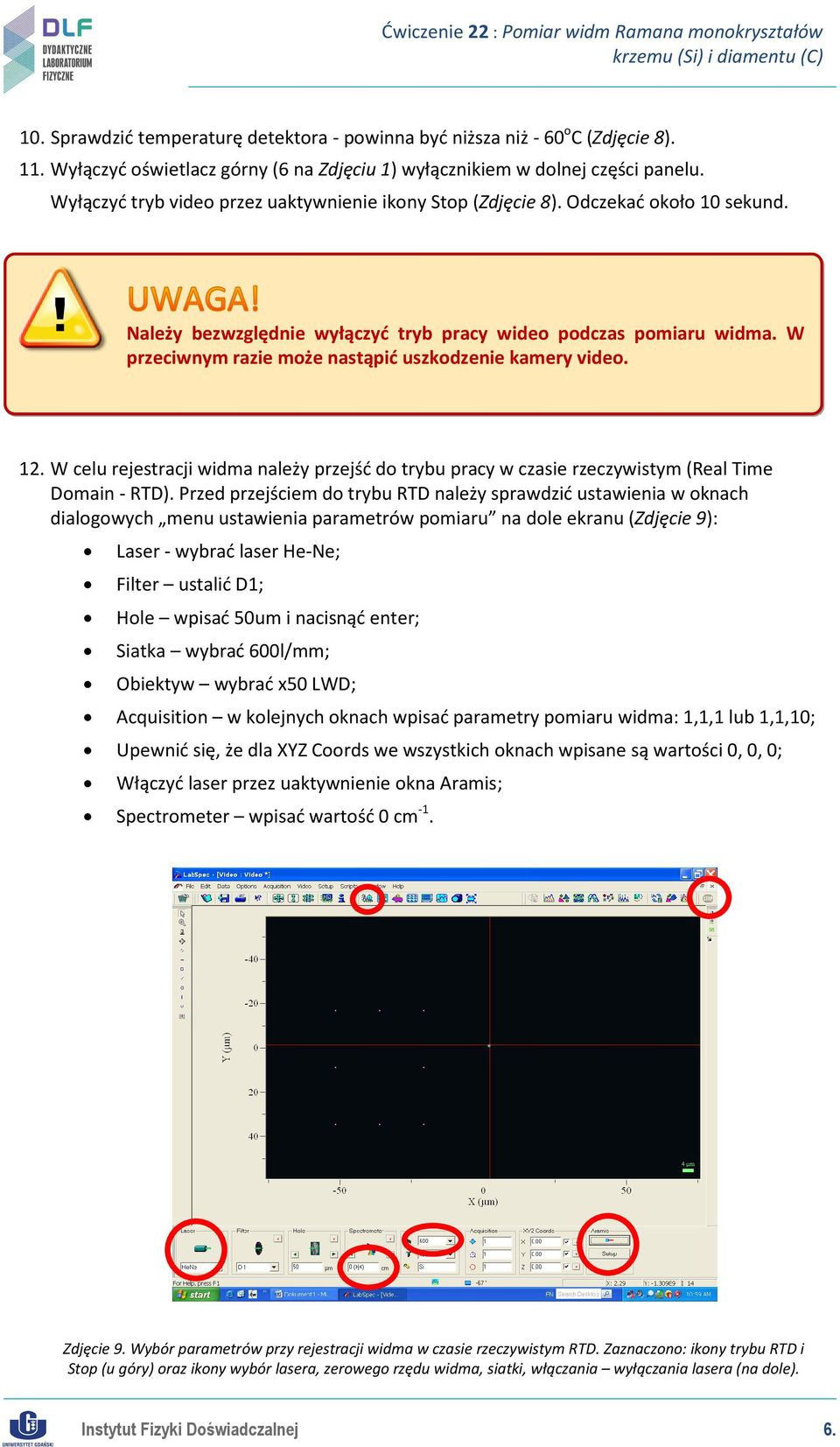 W przeciwnym razie może nastąpić uszkodzenie kamery video. 12. W celu rejestracji widma należy przejść do trybu pracy w czasie rzeczywistym (Real Time Domain - RTD).