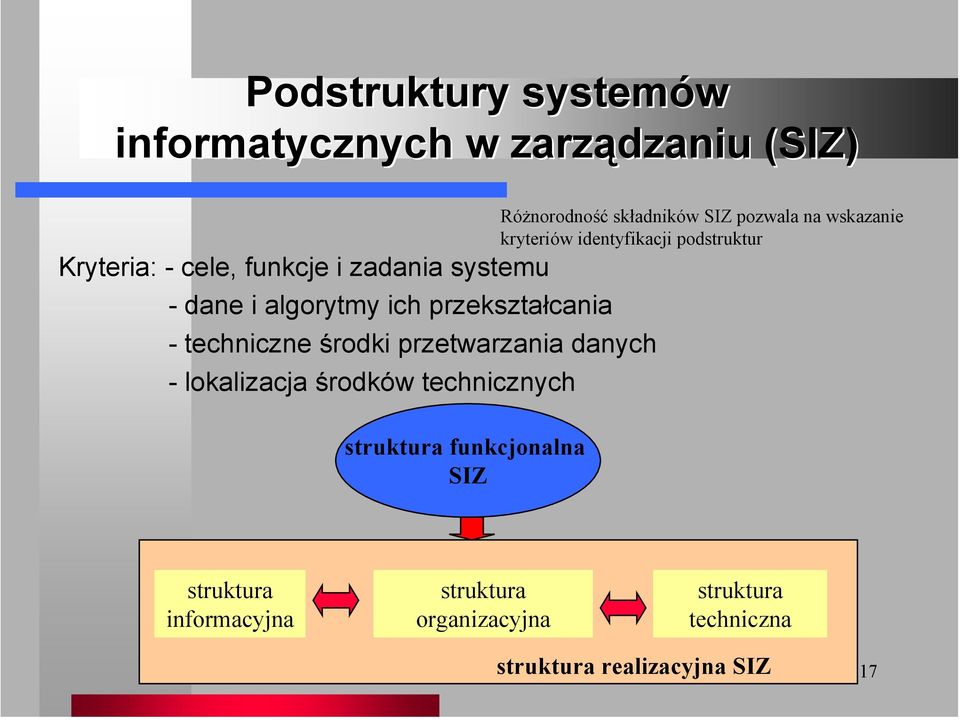 technicznych struktura funkcjonalna SIZ Różnorodność składników SIZ pozwala na wskazanie kryteriów