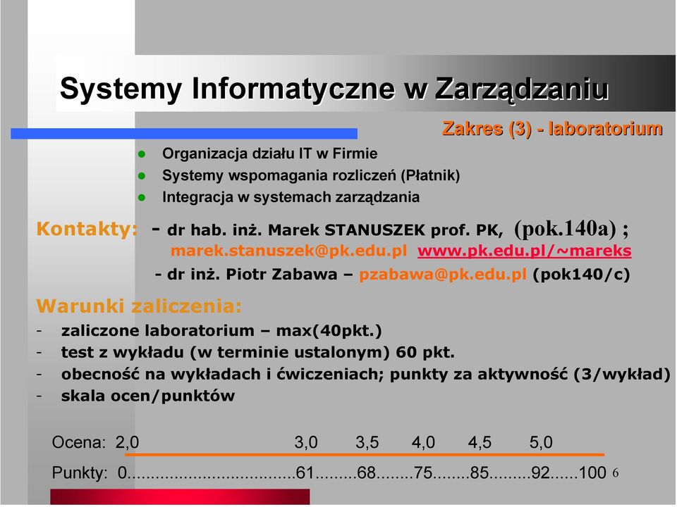 Piotr Zabawa pzabawa@pk.edu.pl (pok140/c) - zaliczone laboratorium max(40pkt.) - test z wykładu (w terminie ustalonym) 60 pkt.