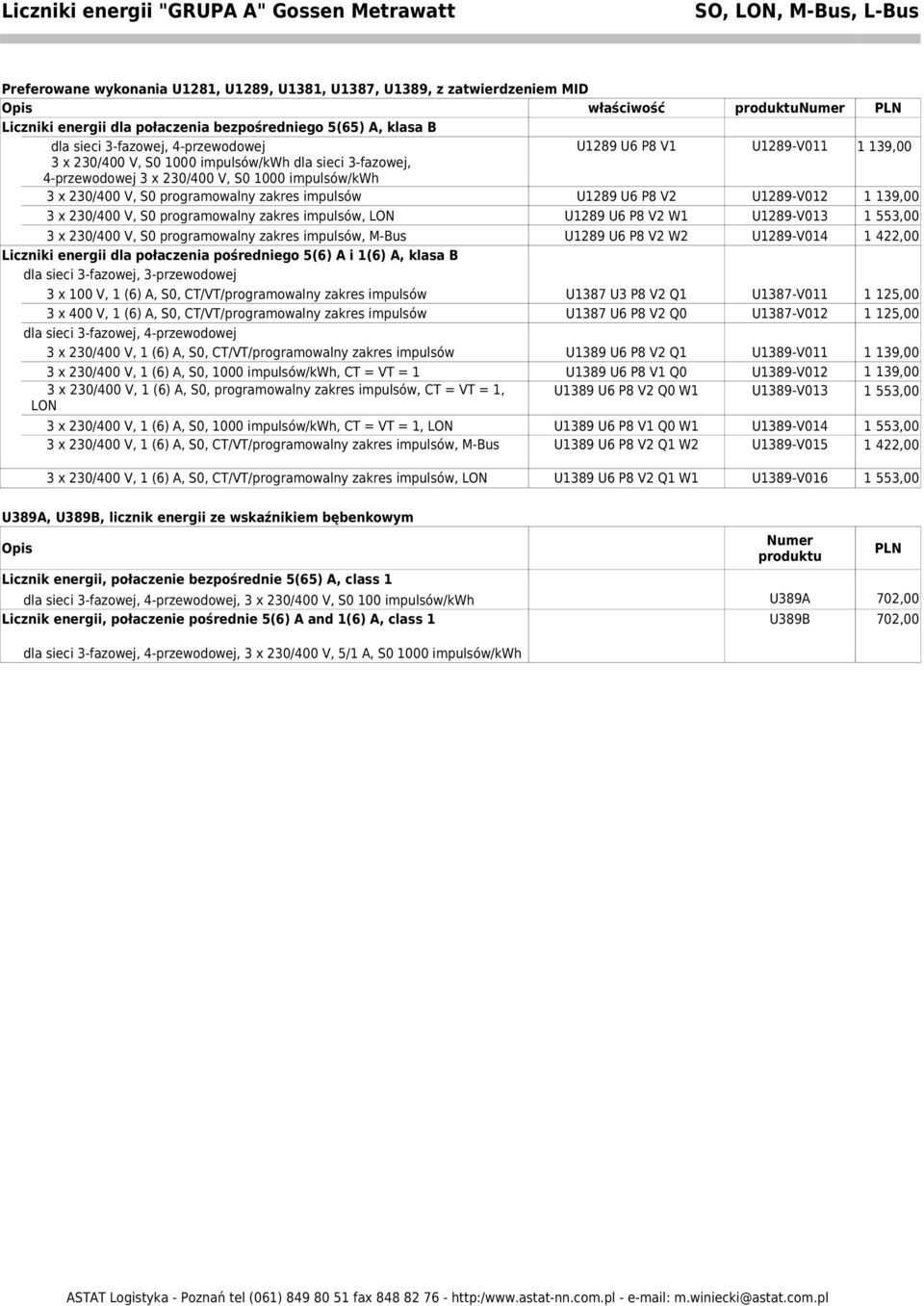 zakres impulsów U1289 U6 3 x 230/400 V, S0 programowalny zakres impulsów, LON U1289 U6 Numer produktunumer produktu U1289V011 U1289V012 U1289V013 U1289 U6 U1289V014 1 422,00 U1387 U3 Q1 U1387 U6 Q0