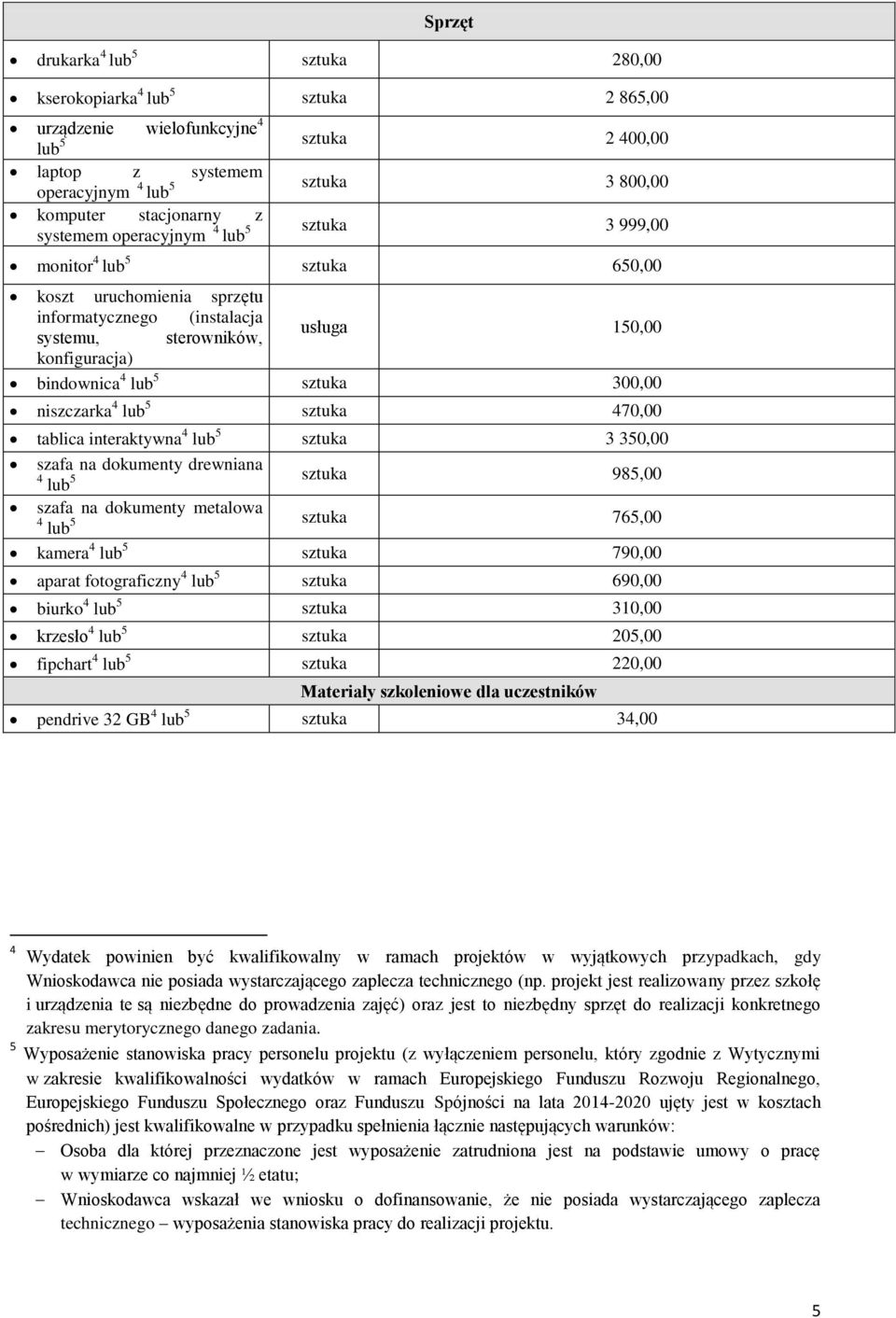 bindownica 4 lub 5 sztuka 300,00 niszczarka 4 lub 5 sztuka 470,00 tablica interaktywna 4 lub 5 sztuka 3 350,00 szafa na dokumenty drewniana 4 lub 5 sztuka 985,00 szafa na dokumenty metalowa 4 lub 5