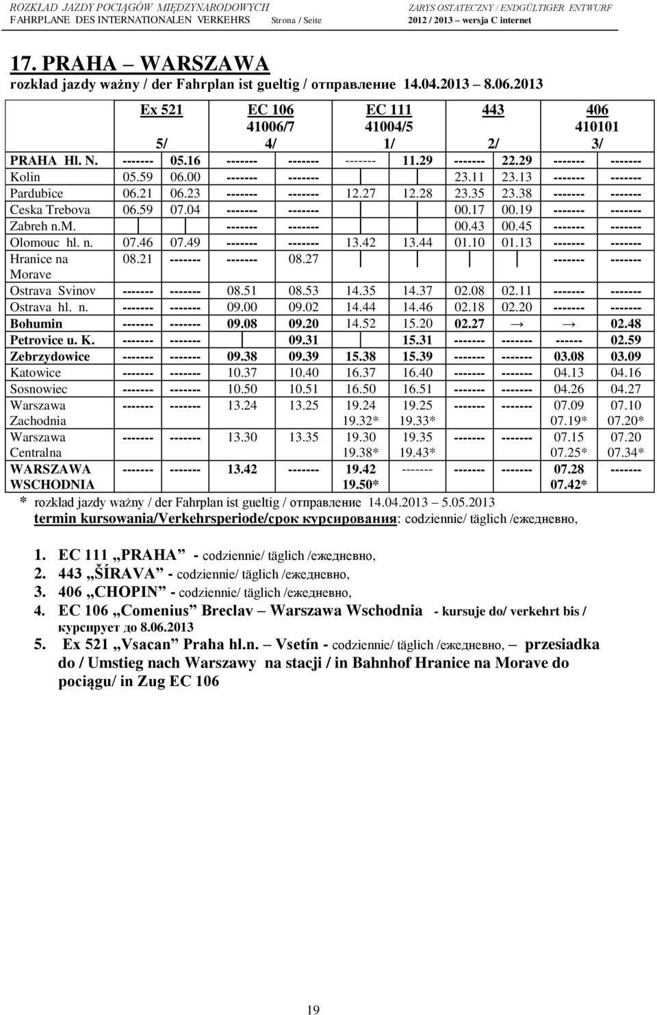 42 ------- ------- ------- 07.28 WSCHODNIA 19.50* 07.42* * rozkład jazdy ważny / der Fahrplan ist gueltig / отправление 14.04.2013 5.05.