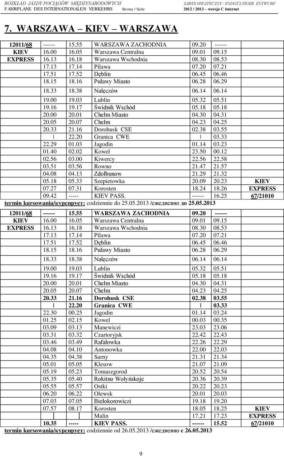 00 20.01 Chełm Miasto 04.30 04.31 20.05 20.07 Chełm 04.23 04.25 20.33 21.16 Dorohusk CSE 02.38 03.55 22.20 Granica CWE 03.33 22.29 01.03 Jagodin 01.14 03.23 01.40 02.02 Kowel 23.50 00.12 02.56 03.