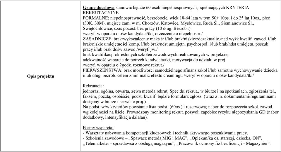 w oparciu o ośw kandydata/tki, orzeczenie o niepełnospr./ ZASADNICZE: brak/wykształcenie maks śr i/lub brak/niskie/zdezaktualiz./nad wyżk kwalif. zawod. i/lub brak/niskie umiejętności komp.