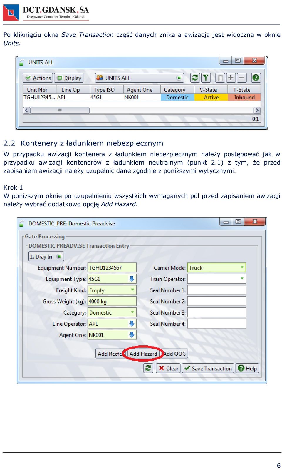 przypadku awizacji kontenerów z ładunkiem neutralnym (punkt 2.