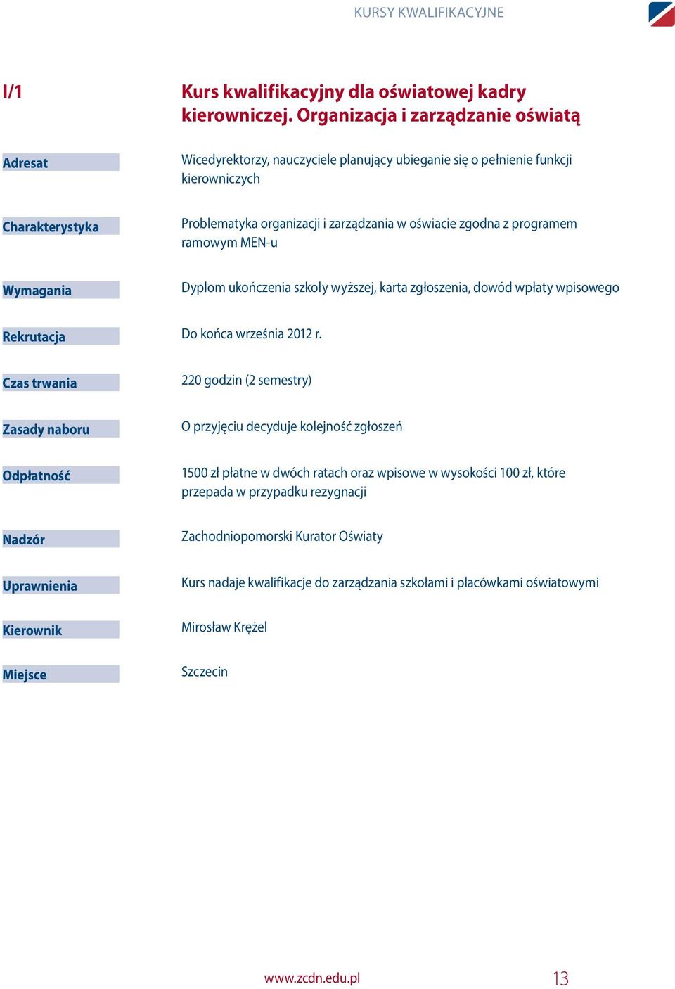 programem ramowym MEN-u Wymagania Dyplom ukończenia szkoły wyższej, karta zgłoszenia, dowód wpłaty wpisowego Rekrutacja Do końca września 2012 r.