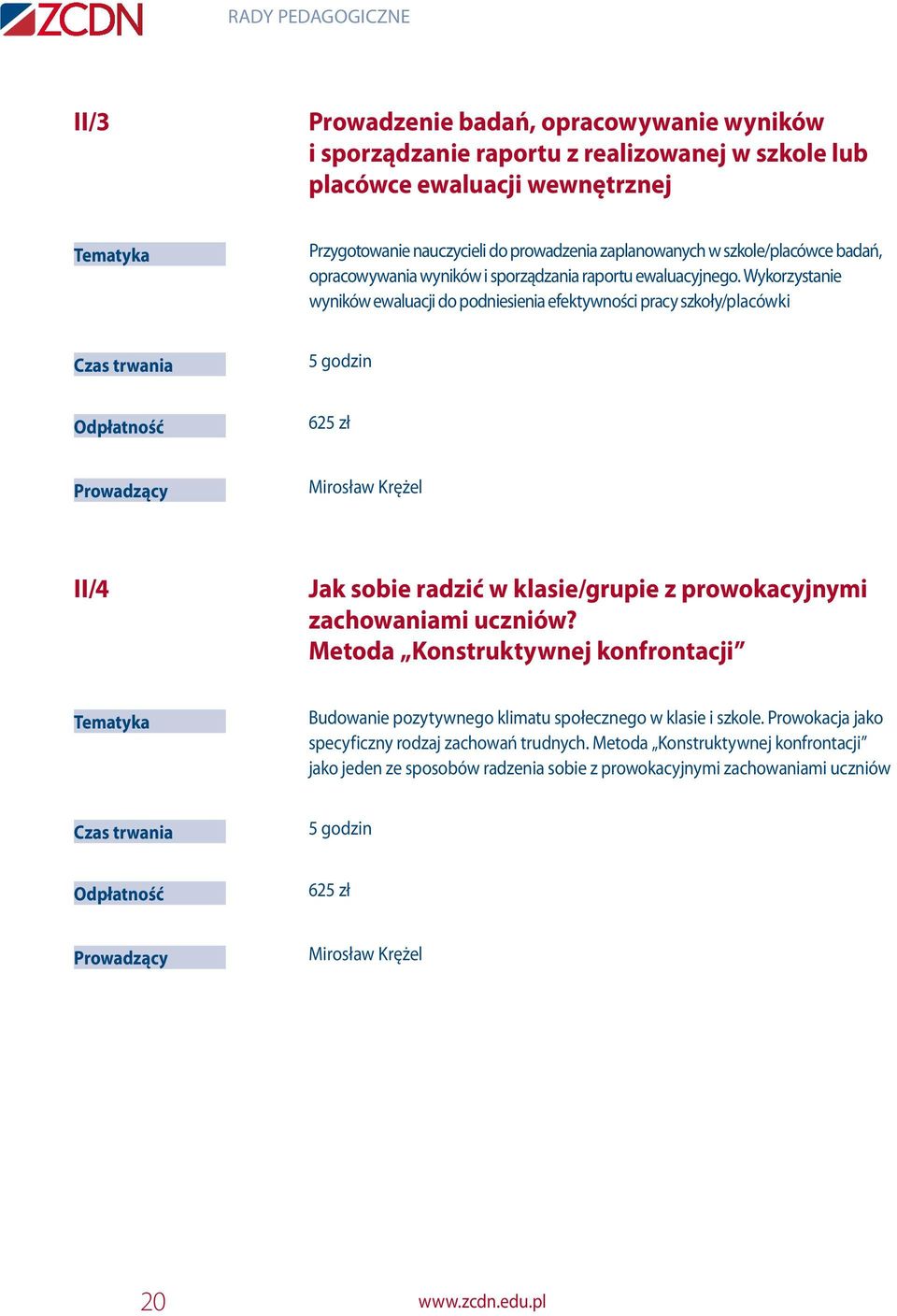 Wykorzystanie wyników ewaluacji do podniesienia efektywności pracy szkoły/placówki 5 godzin 625 zł Mirosław Krężel II/4 Jak sobie radzić w klasie/grupie z prowokacyjnymi zachowaniami uczniów?