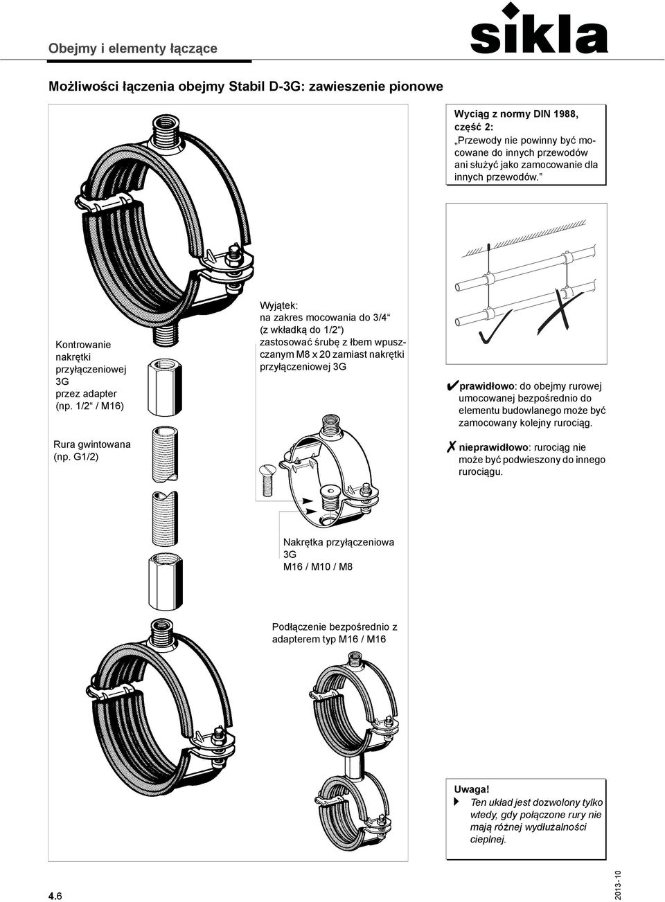 G1/2) Wyjątek: na zakres mocowania do 3/4 (z wkładką do 1/2 ) zastosować śrubę z łbem wpuszczanym M8 x 20 zamiast nakrętki przyłączeniowej 3G prawidłowo: do obejmy rurowej umocowanej bezpośrednio do