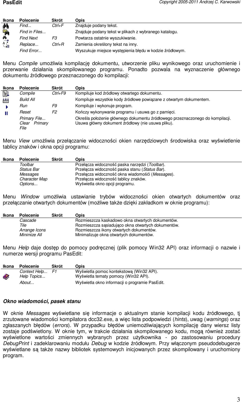 Menu Compile umożliwia kompilację dokumentu, utworzenie pliku wynikowego oraz uruchomienie i przerwanie działania skompilowanego programu.