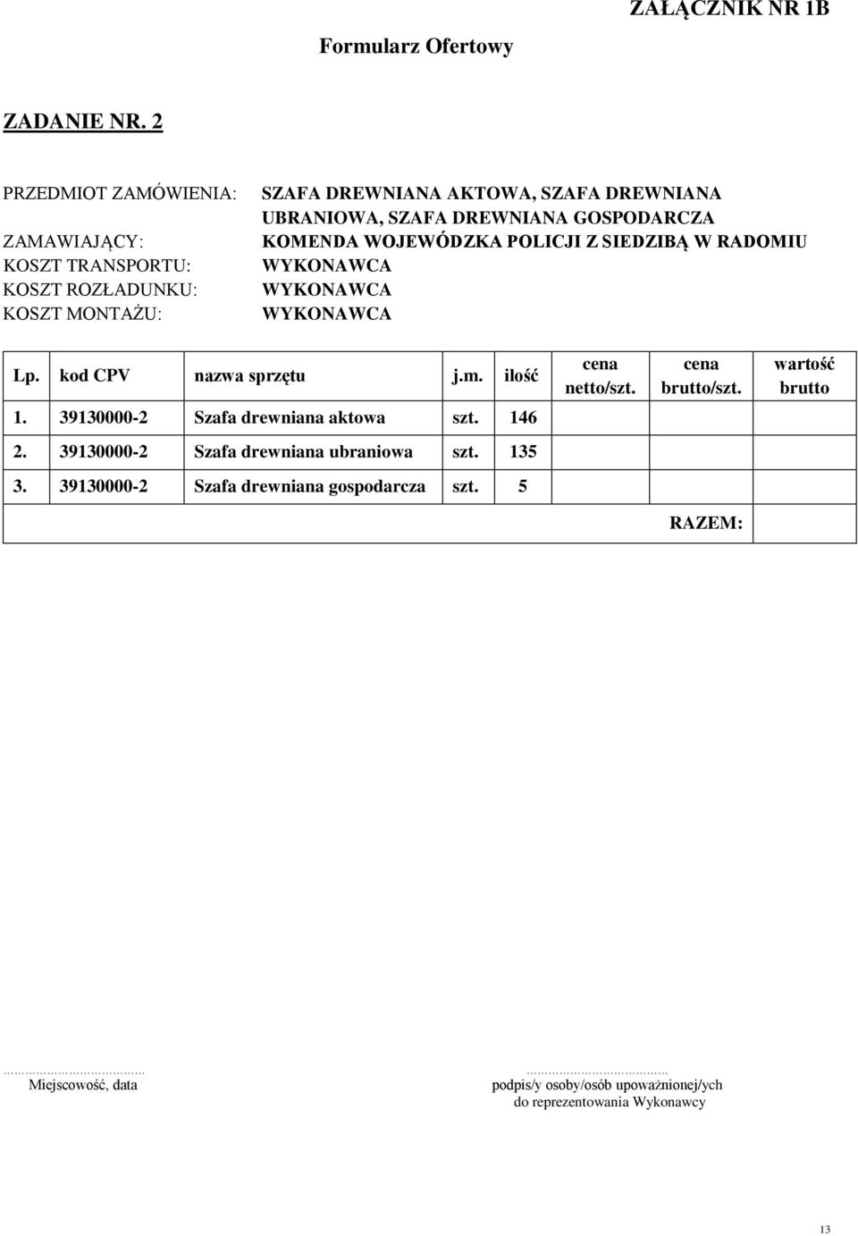 DREWNIANA GOSPODARCZA KOMENDA WOJEWÓDZKA POLICJI Z SIEDZIBĄ W RADOMIU Lp. kod CPV nazwa sprzętu j.m. ilość cena netto/szt. cena brutto/szt.