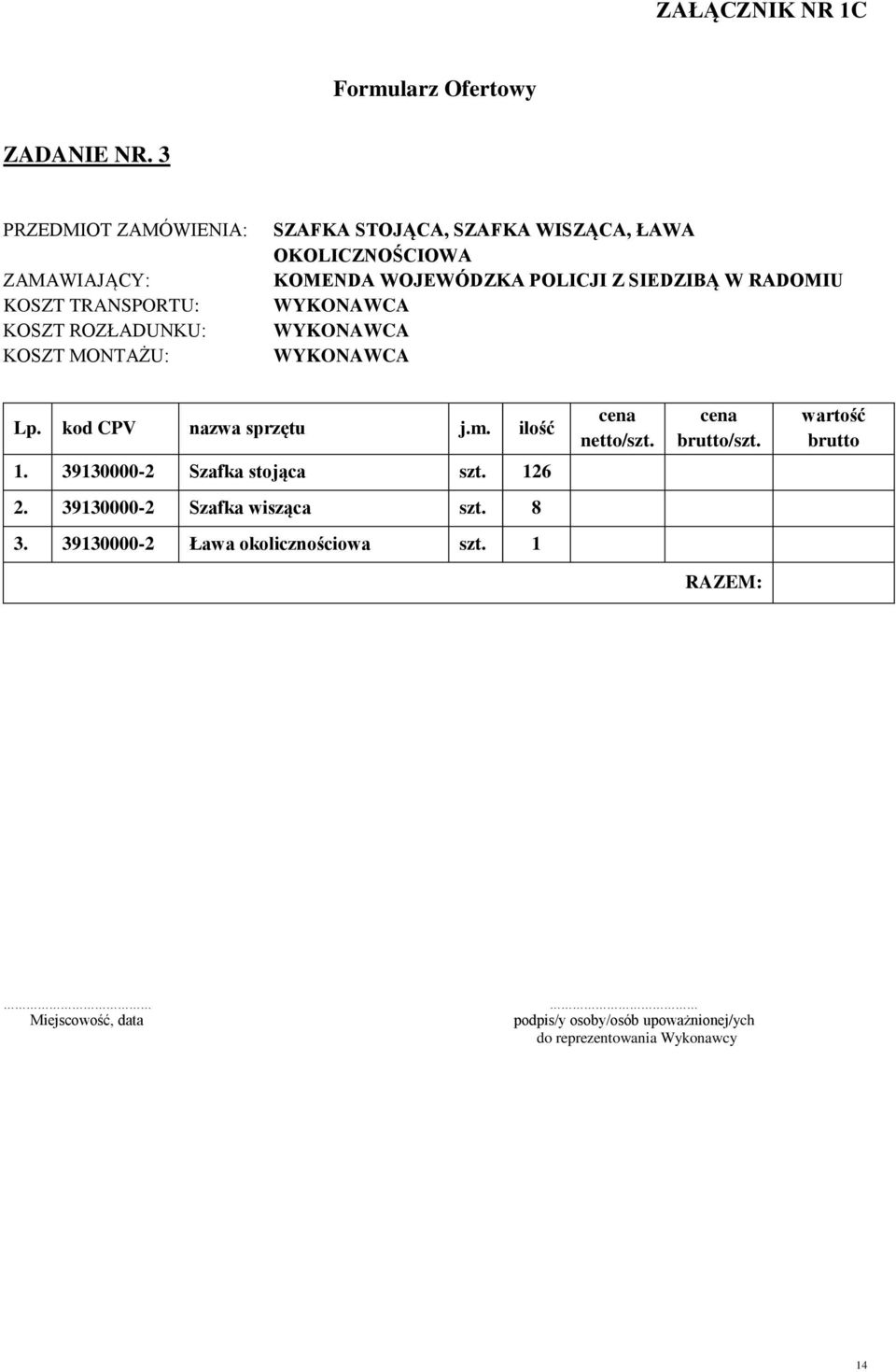 OKOLICZNOŚCIOWA KOMENDA WOJEWÓDZKA POLICJI Z SIEDZIBĄ W RADOMIU Lp. kod CPV nazwa sprzętu j.m. ilość cena netto/szt. cena brutto/szt.