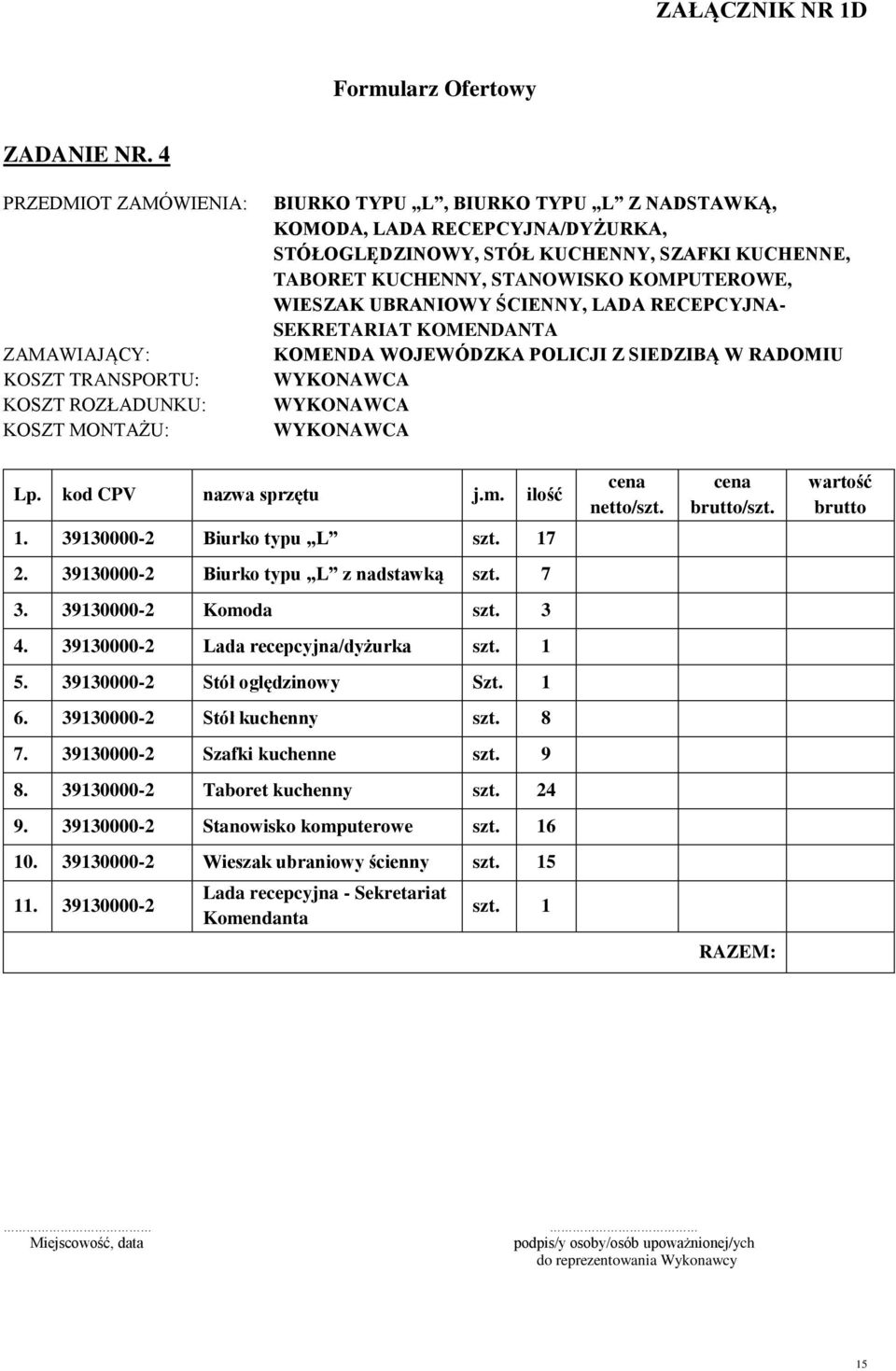 SZAFKI KUCHENNE, TABORET KUCHENNY, STANOWISKO KOMPUTEROWE, WIESZAK UBRANIOWY ŚCIENNY, LADA RECEPCYJNA- SEKRETARIAT KOMENDANTA KOMENDA WOJEWÓDZKA POLICJI Z SIEDZIBĄ W RADOMIU Lp.