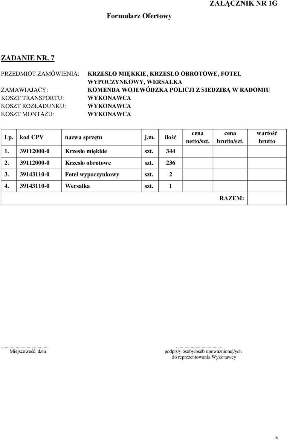 WERSALKA KOMENDA WOJEWÓDZKA POLICJI Z SIEDZIBĄ W RADOMIU Lp. kod CPV nazwa sprzętu j.m. ilość cena netto/szt. cena brutto/szt. wartość brutto 1.