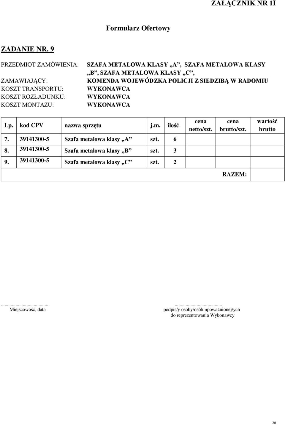 METALOWA KLASY C, KOMENDA WOJEWÓDZKA POLICJI Z SIEDZIBĄ W RADOMIU Lp. kod CPV nazwa sprzętu j.m. ilość cena netto/szt. cena brutto/szt.