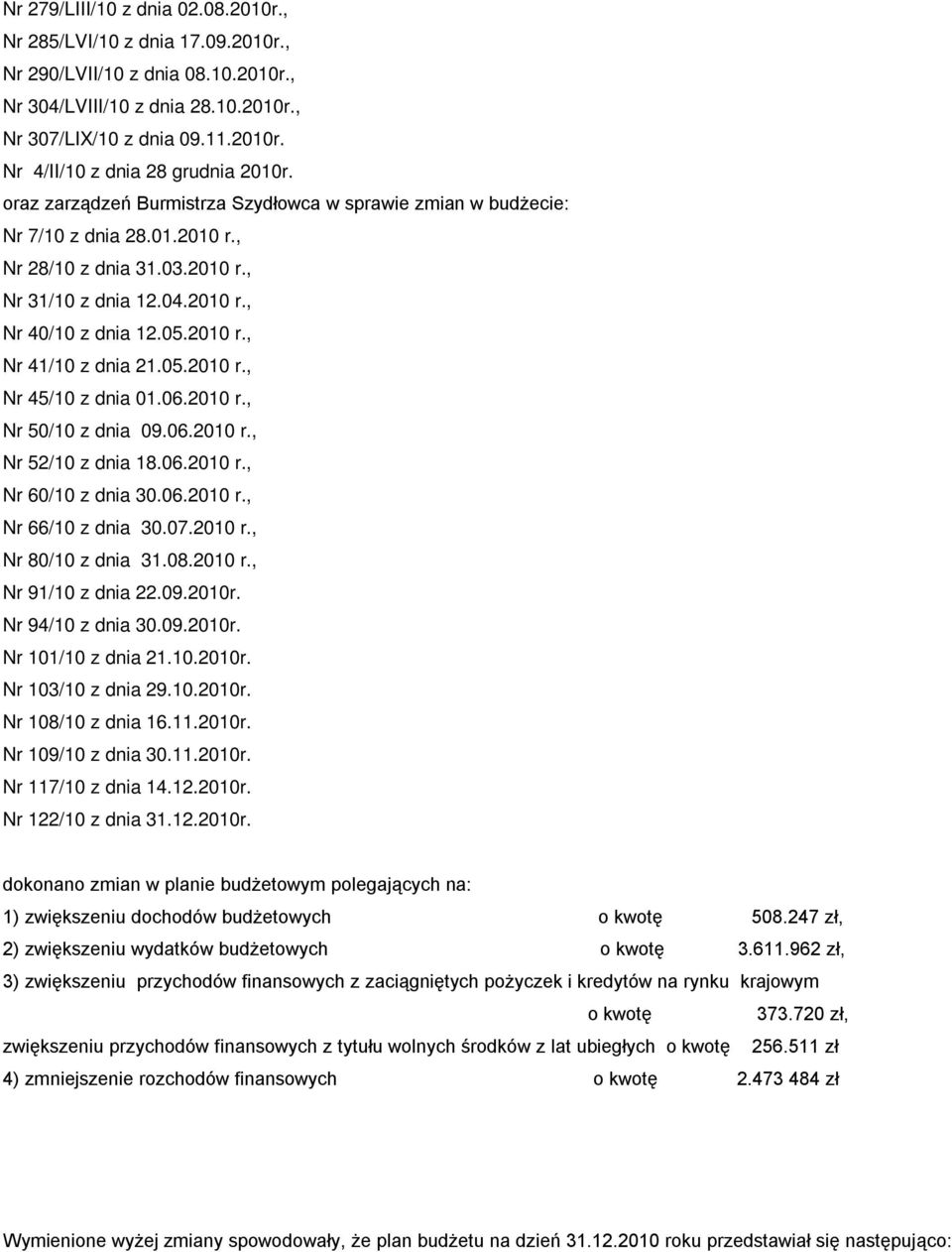 05.2010 r., Nr 45/10 z dnia 01.06.2010 r., Nr 50/10 z dnia 09.06.2010 r., Nr 52/10 z dnia 18.06.2010 r., Nr 60/10 z dnia 30.06.2010 r., Nr 66/10 z dnia 30.07.2010 r., Nr 80/10 z dnia 31.08.2010 r., Nr 91/10 z dnia 22.