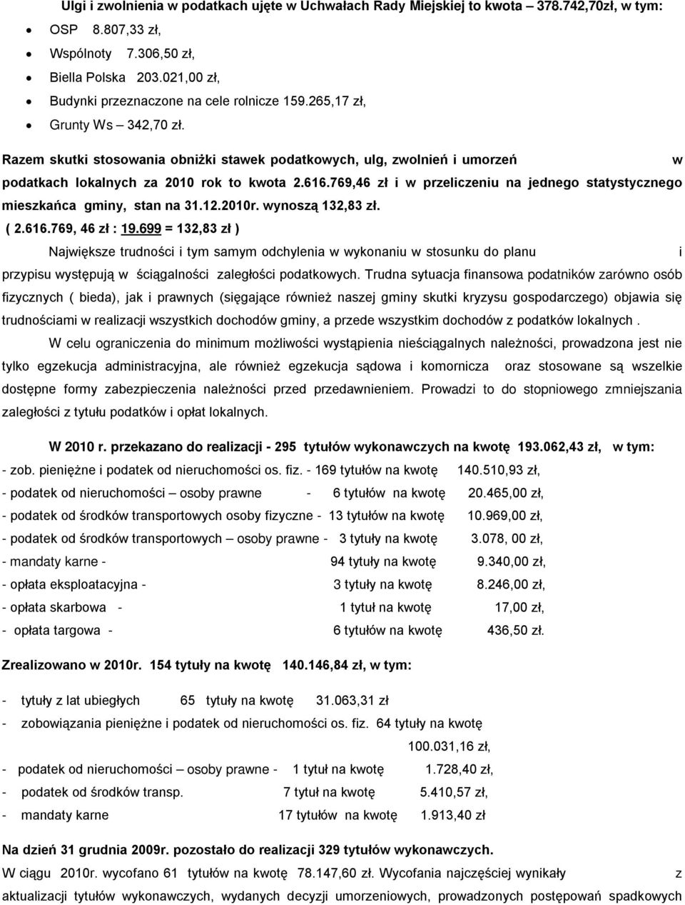 Razem skutki stosowania obniżki stawek podatkowych, ulg, zwolnień i umorzeń w podatkach lokalnych za 2010 rok to kwota 2.616.