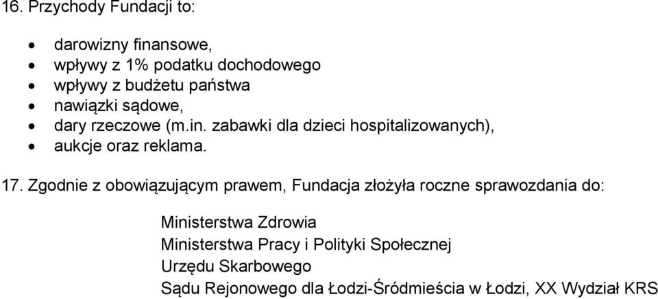 Zgodnie z obowiązującym prawem, Fundacja złożyła roczne sprawozdania do: Ministerstwa Zdrowia