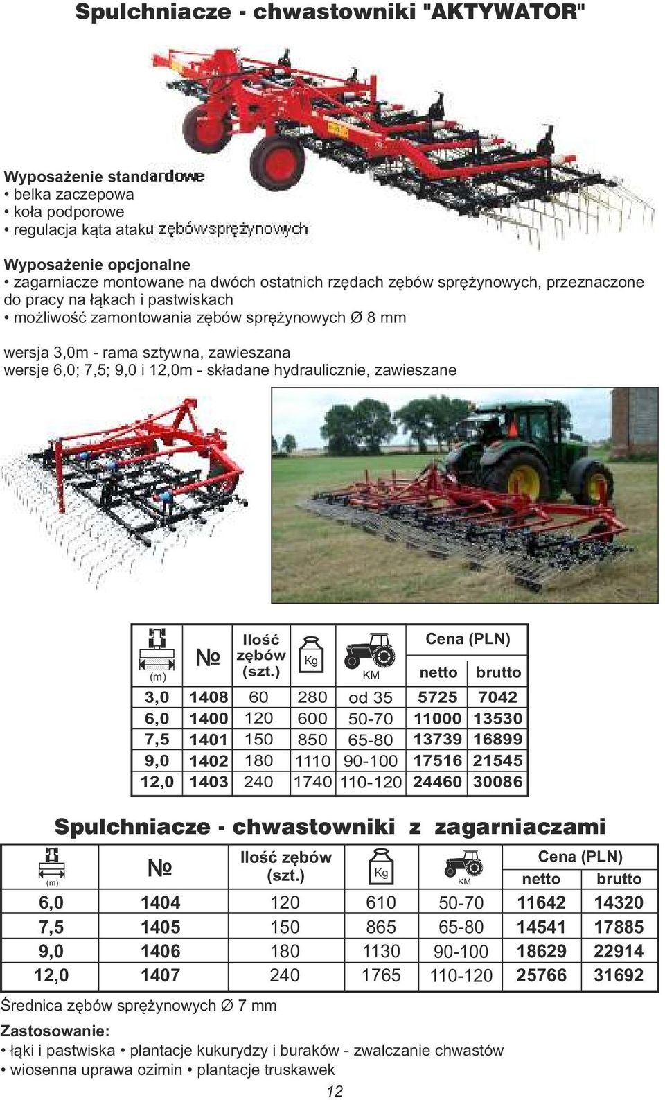 hydraulicznie, zawieszane 6,0 7,5 9,0 12,0 6,0 7,5 9,0 12,0 Spulchniacze - chwastowniki z zagarniaczami 1404 1405 1406 1407 1408 1400 1401 1402 1403 Ilość zębów (szt.