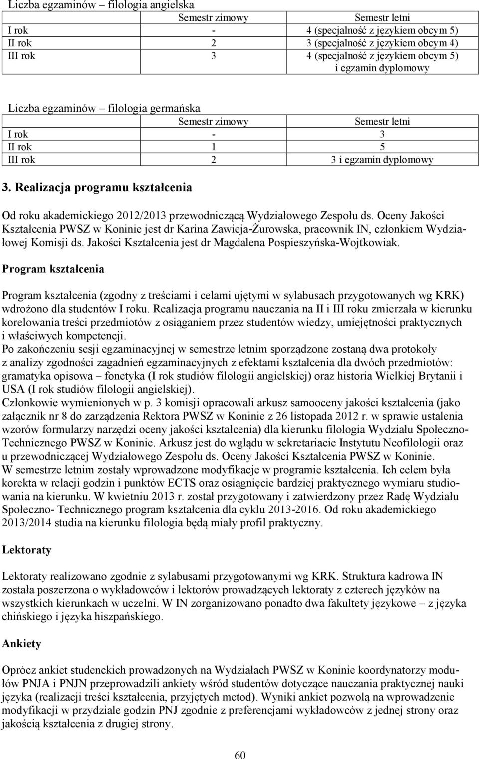 Realizacja programu kształcenia Od roku akademickiego 2012/2013 przewodniczącą Wydziałowego Zespołu ds.