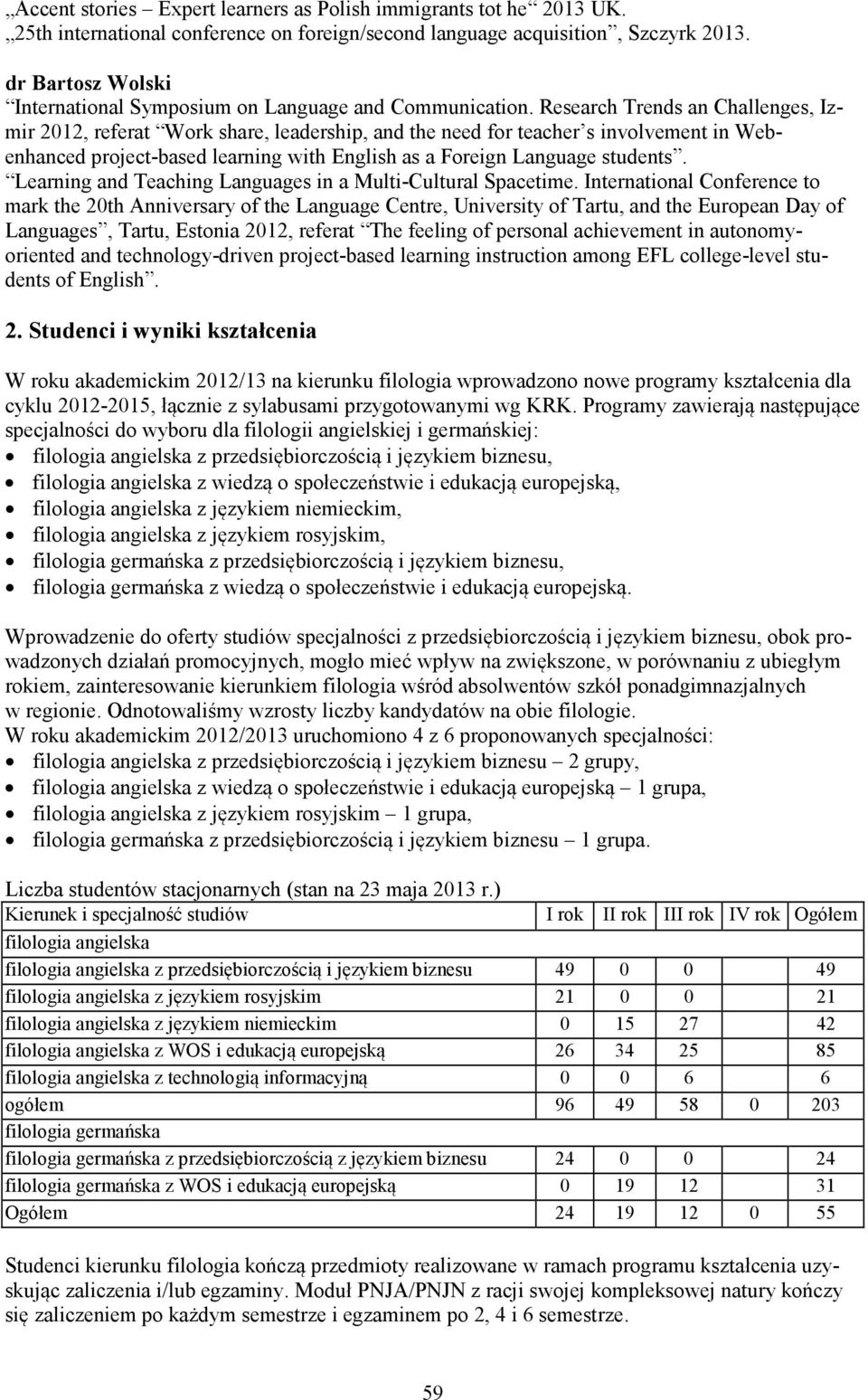 Research Trends an Challenges, Izmir 2012, referat Work share, leadership, and the need for teacher s involvement in Webenhanced project-based learning with English as a Foreign Language students.