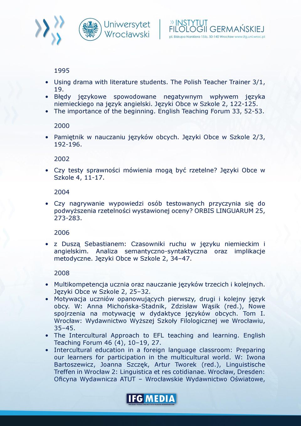 Języki Obce w Szkole 4, 11-17. 2004 Czy nagrywanie wypowiedzi osób testowanych przyczynia się do podwyższenia rzetelności wystawionej oceny? ORBIS LINGUARUM 25, 273-283.