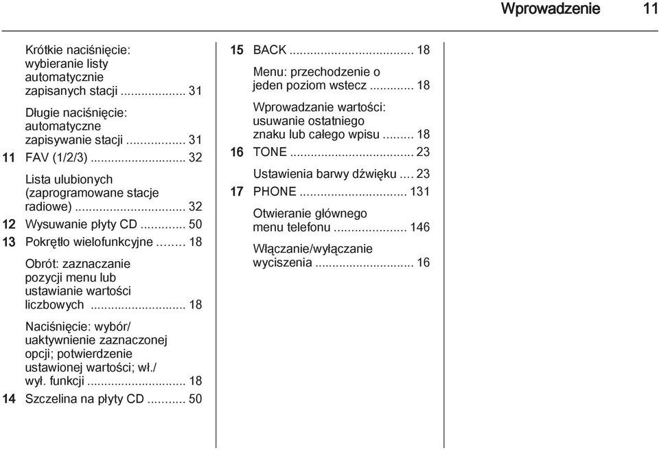 .. 18 Naciśnięcie: wybór/ uaktywnienie zaznaczonej opcji; potwierdzenie ustawionej wartości; wł./ wył. funkcji... 18 14 Szczelina na płyty CD... 50 15 BACK.