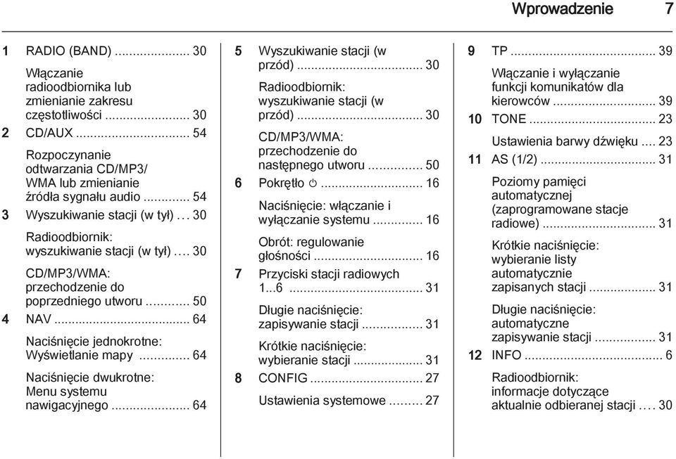 .. 64 Naciśnięcie dwukrotne: Menu systemu nawigacyjnego... 64 5 Wyszukiwanie stacji (w przód)... 30 Radioodbiornik: wyszukiwanie stacji (w przód)... 30 CD/MP3/WMA: przechodzenie do następnego utworu.