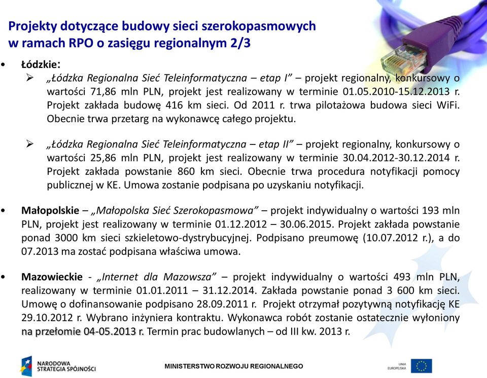 Łódzka Regionalna Sieć Teleinformatyczna etap II projekt regionalny, konkursowy o wartości 25,86 mln PLN, projekt jest realizowany w terminie 30.04.2012-30.12.2014 r.