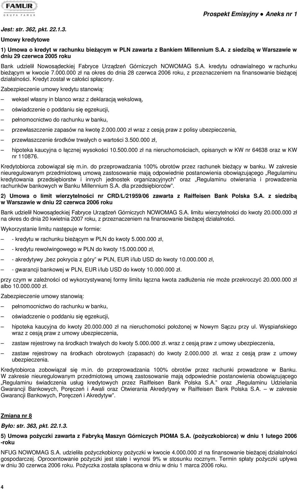 000 zł na okres do dnia 28 czerwca 2006 roku, z przeznaczeniem na finansowanie bieżącej działalności. Kredyt został w całości spłacony.