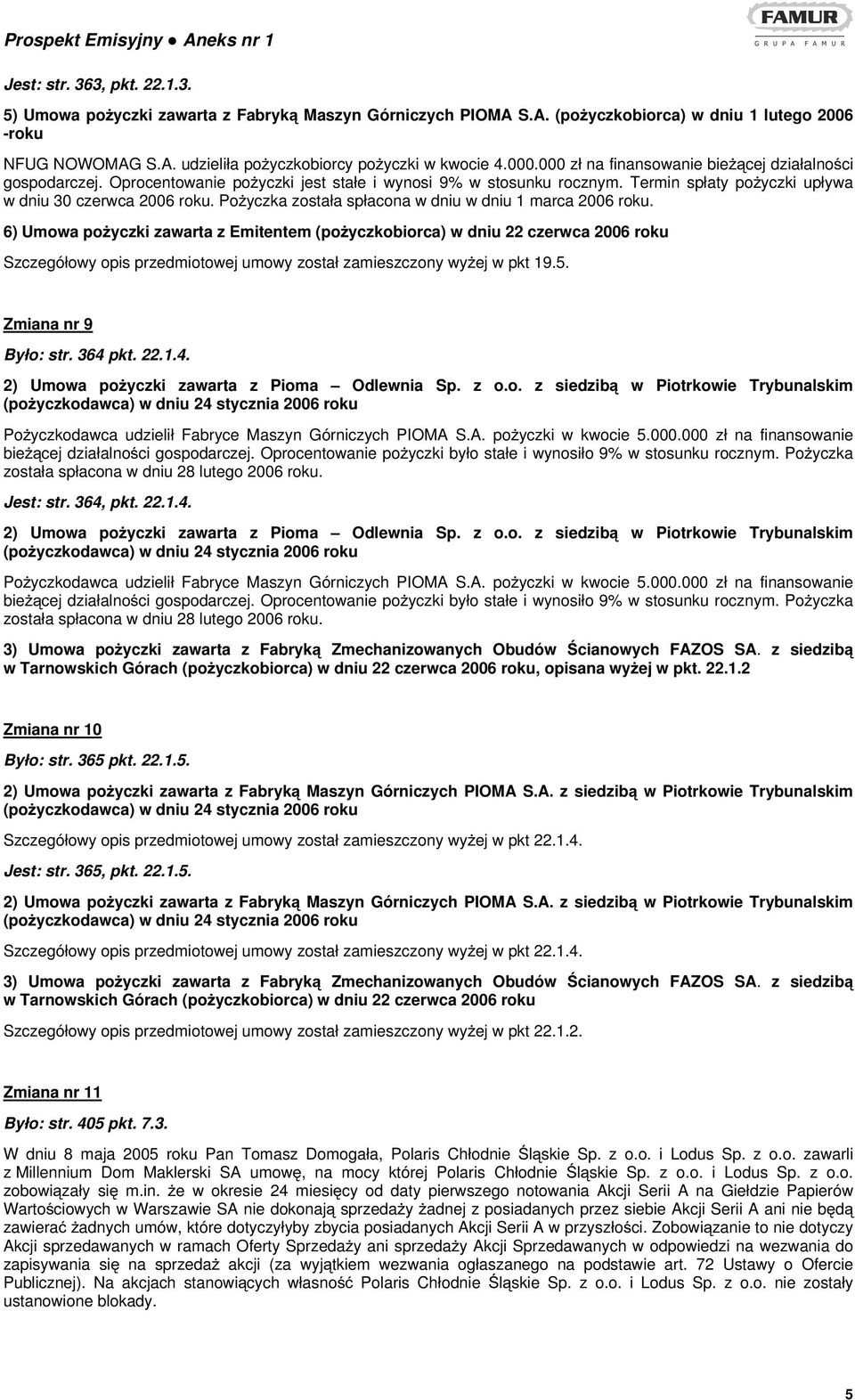 Pożyczka została spłacona w dniu w dniu 1 marca 2006 roku. 6) Umowa pożyczki zawarta z Emitentem (pożyczkobiorca) w dniu 22 czerwca 2006 roku Zmiana nr 9 Było: str. 364 