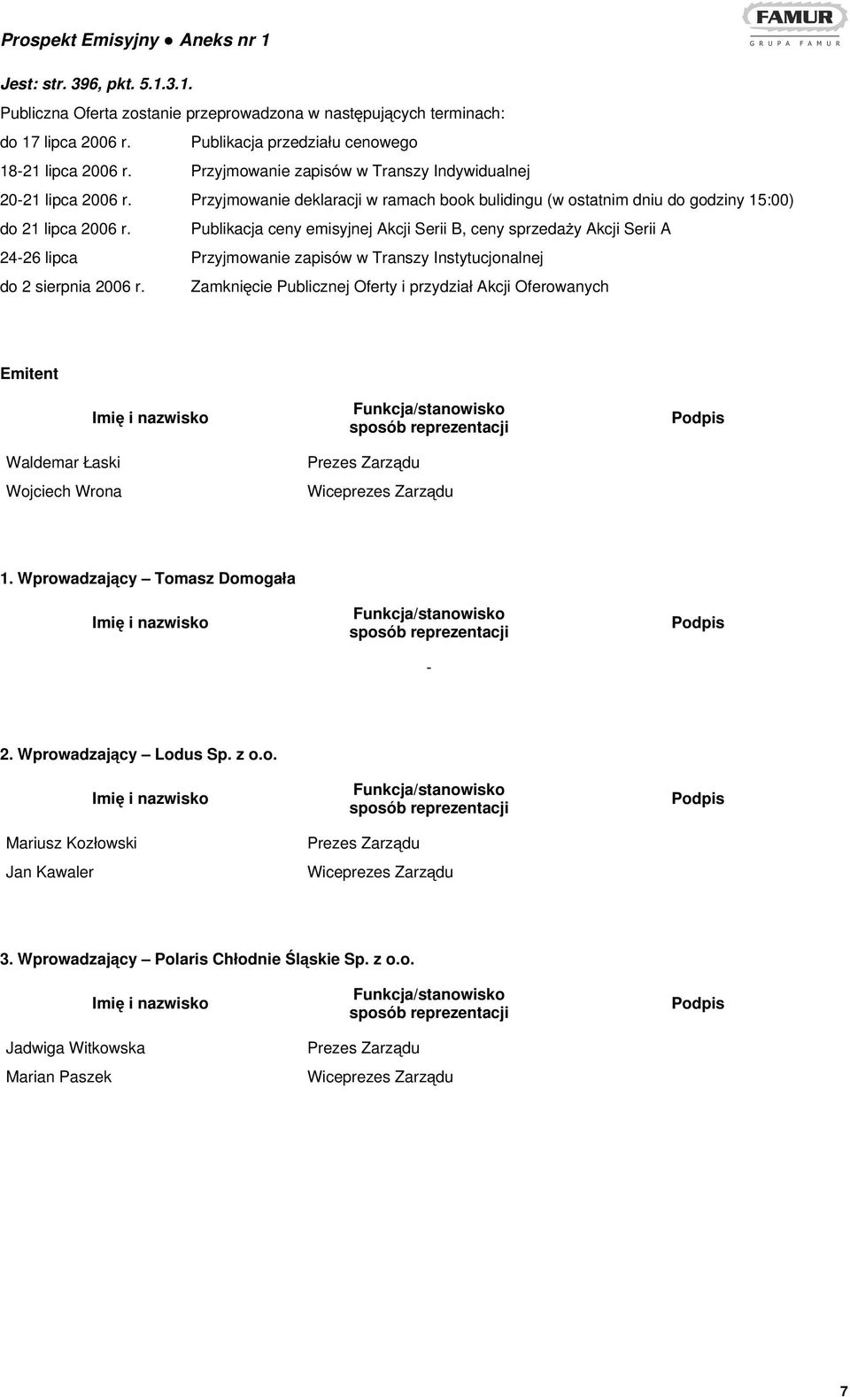 Publikacja ceny emisyjnej Akcji Serii B, ceny sprzedaży Akcji Serii A 24-26 lipca Przyjmowanie zapisów w Transzy Instytucjonalnej Emitent Waldemar Łaski Wojciech Wrona Prezes