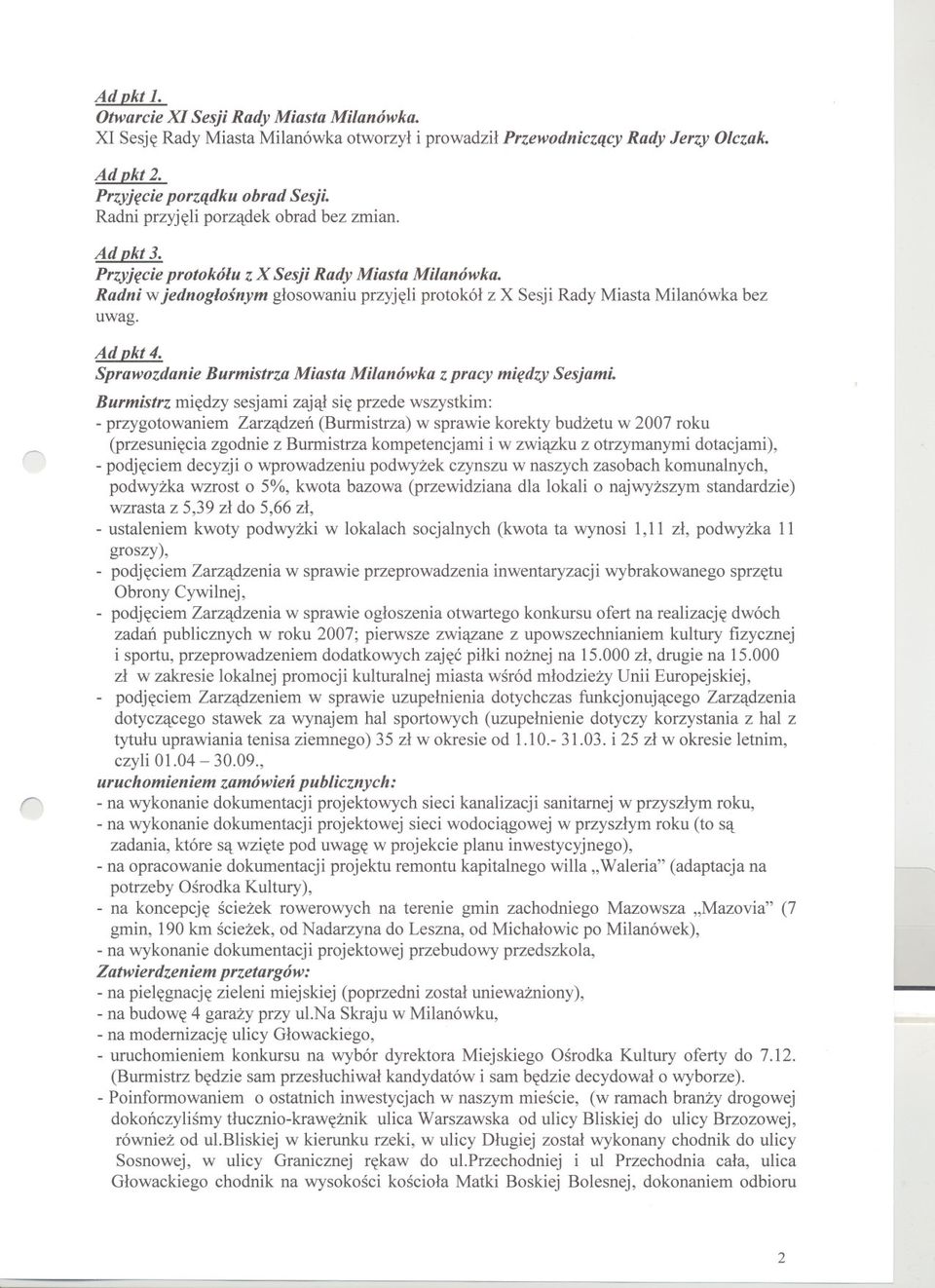 Ad okt 4. Sprawozdanie Burmistrza Miasta Milanówka z pracy miedzy Sesjami.