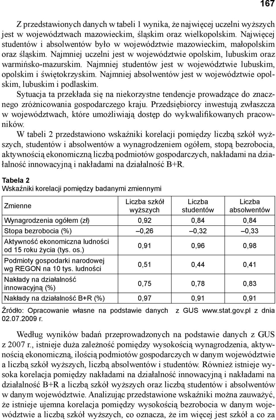 Najmniej studentów jest w województwie lubuskim, opolskim i świętokrzyskim. Najmniej absolwentów jest w województwie opolskim, lubuskim i podlaskim.