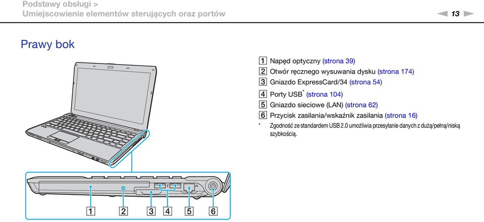 Porty USB * (strona 104) E Gniazdo sieciowe (LA) (strona 62) F Przycisk zasilania/wskaźnik zasilania