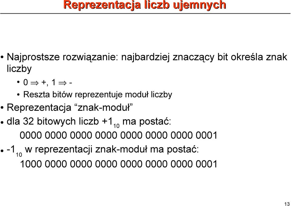 znak-moduł dla 32 bitowych liczb +1 10 ma postać: 0000 0000 0000 0000 0000 0000