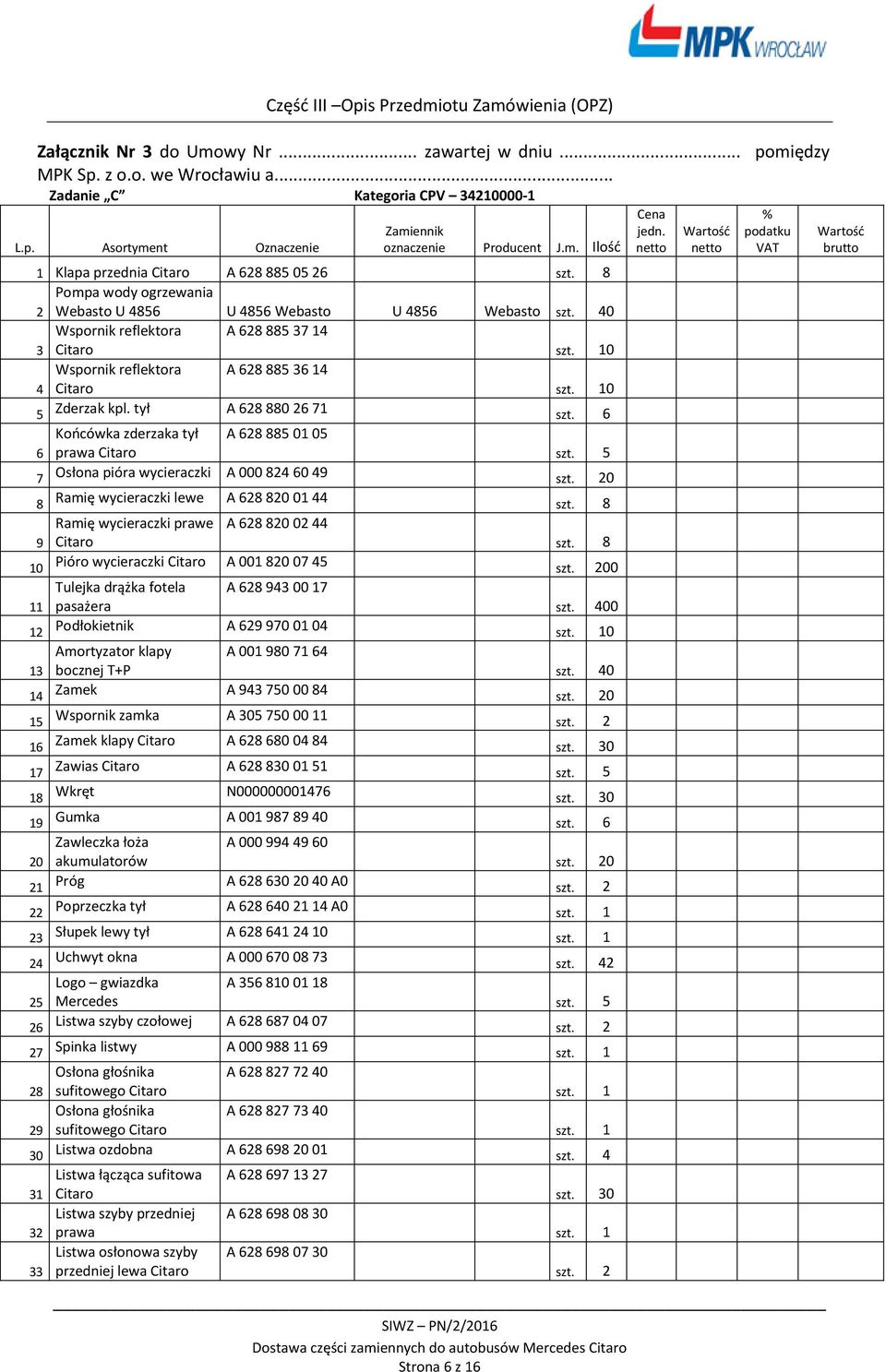 6 Końcówka zderzaka tył A 628 885 01 05 6 prawa szt. 5 7 Osłona pióra wycieraczki A 000 824 60 49 0 8 Ramię wycieraczki lewe A 628 820 01 44 szt. 8 Ramię wycieraczki prawe A 628 820 02 44 9 szt.